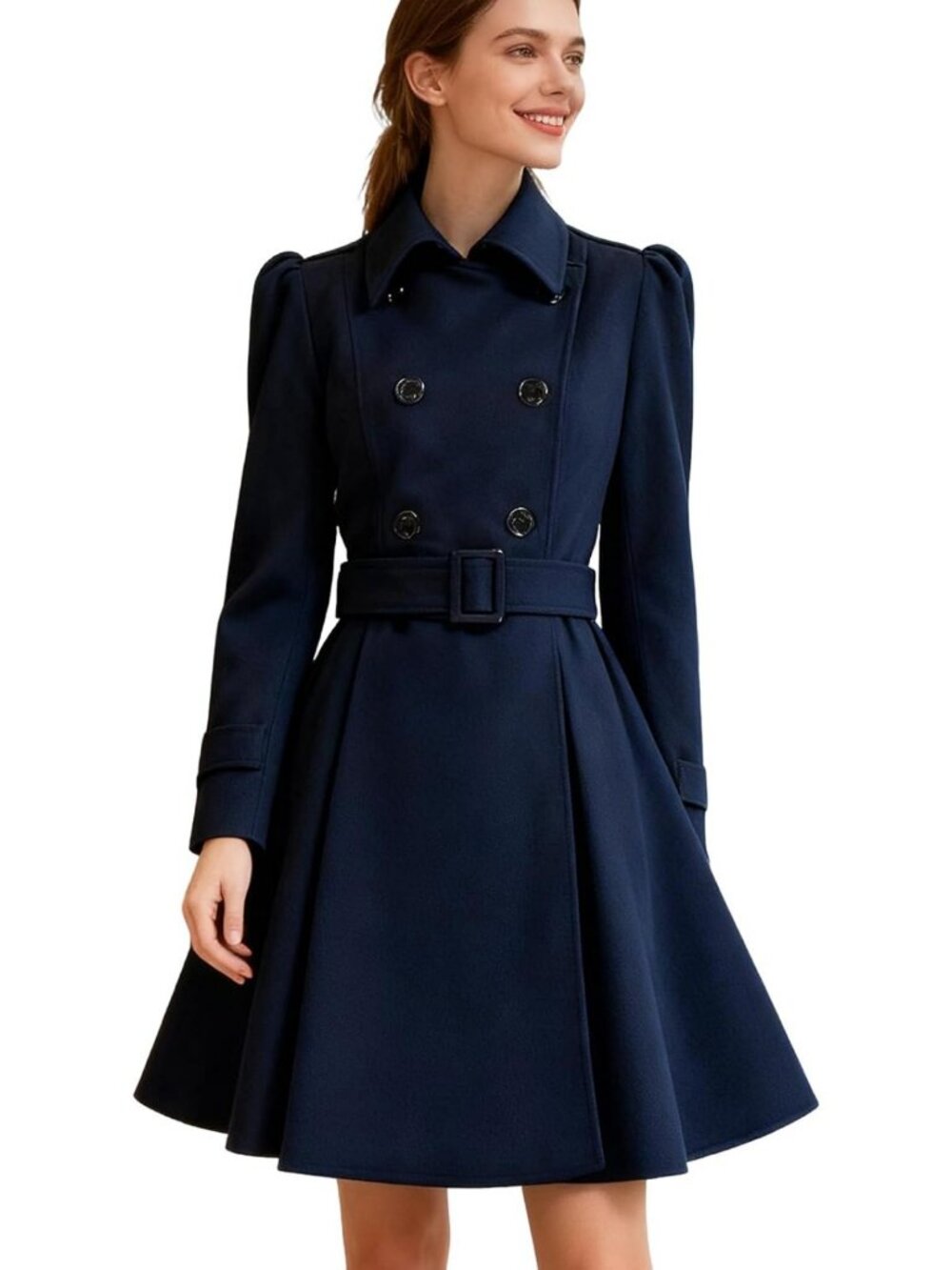 Stylish Women's Wool Pea Coat - Double-Breasted A-Line Swing with Belt